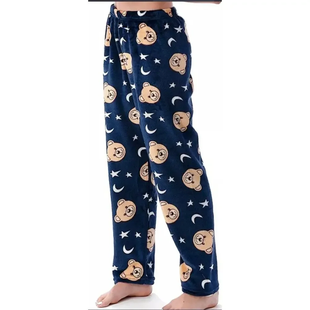 Fashion Navy Blue Plush Bear Moon Star Pajama Lounge Pants Women Size XS - Small - Picture 10 of 10